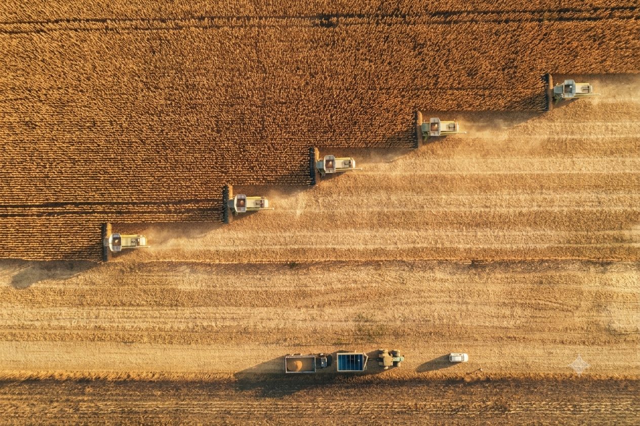 Aerial view of combine harvesters cutting neat rows across a golden field at sunset